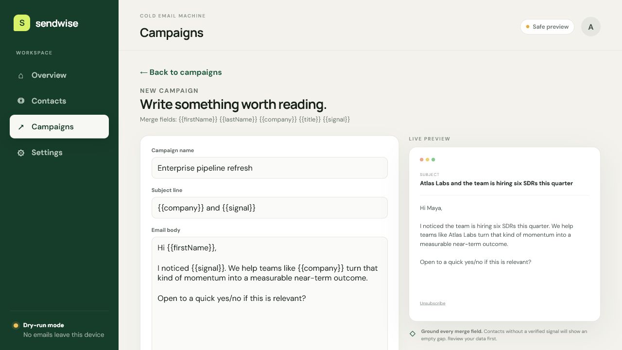 Sendwise campaign composer with merge fields and a live personalized email preview.