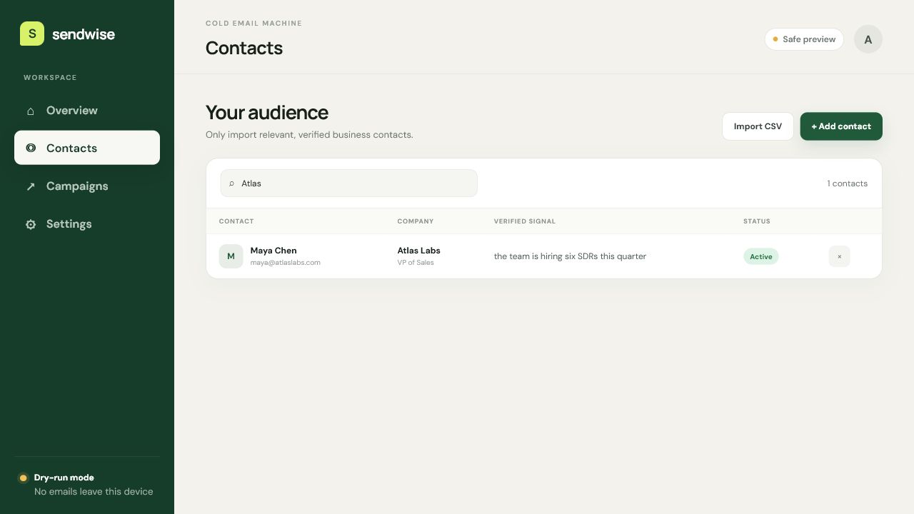Sendwise contacts screen with CSV import, search, verified signal, and contact status.