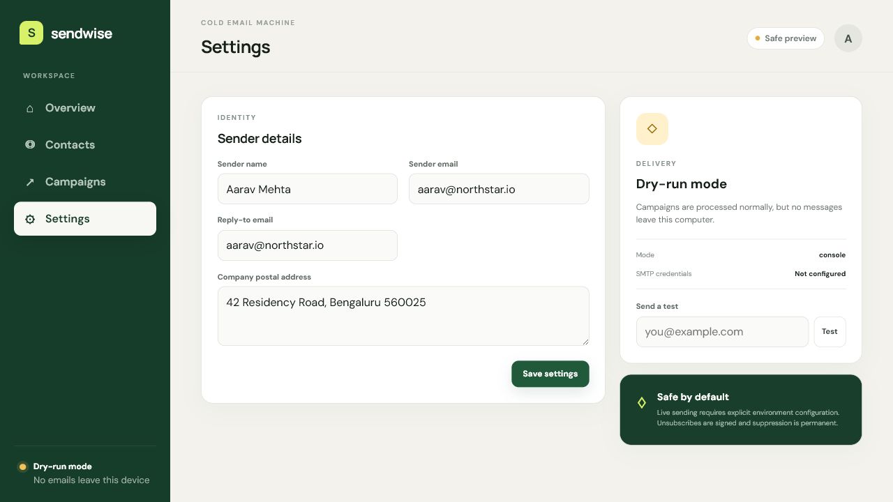 Sendwise settings screen with sender identity, delivery mode, and test email controls.