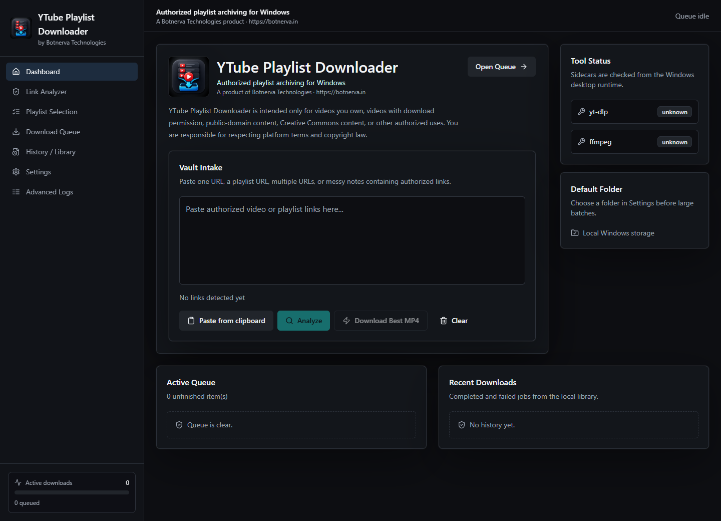 YTube Playlist Downloader dashboard screen.