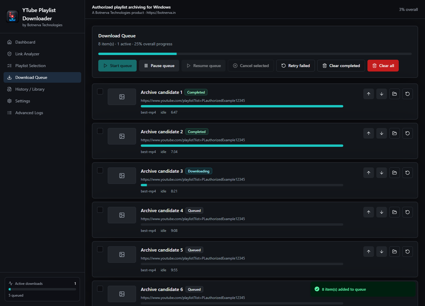 Download queue screen showing active progress, completed items, and queue controls.