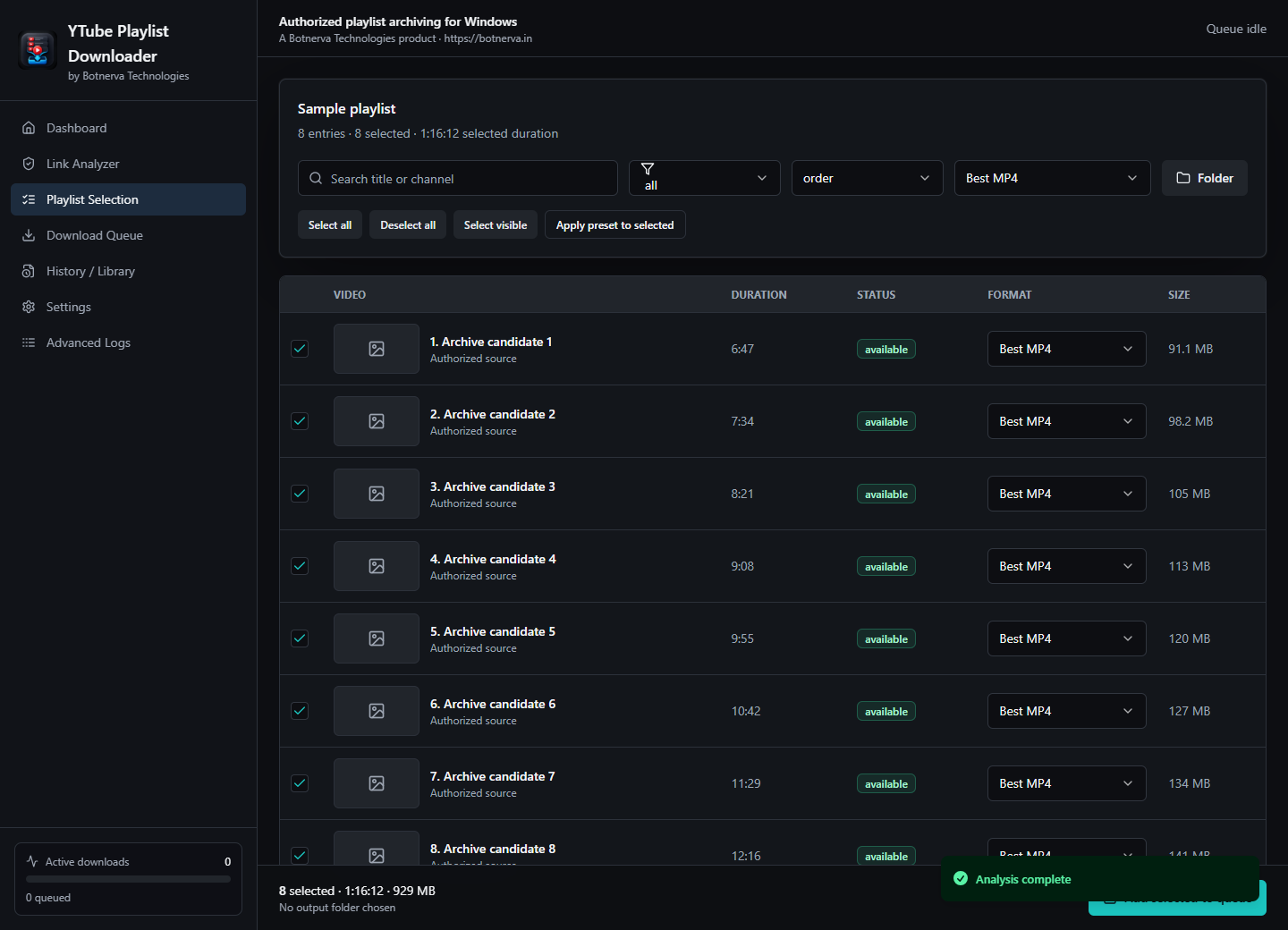 Playlist selection screen with searchable entries, format selection, and bulk controls.
