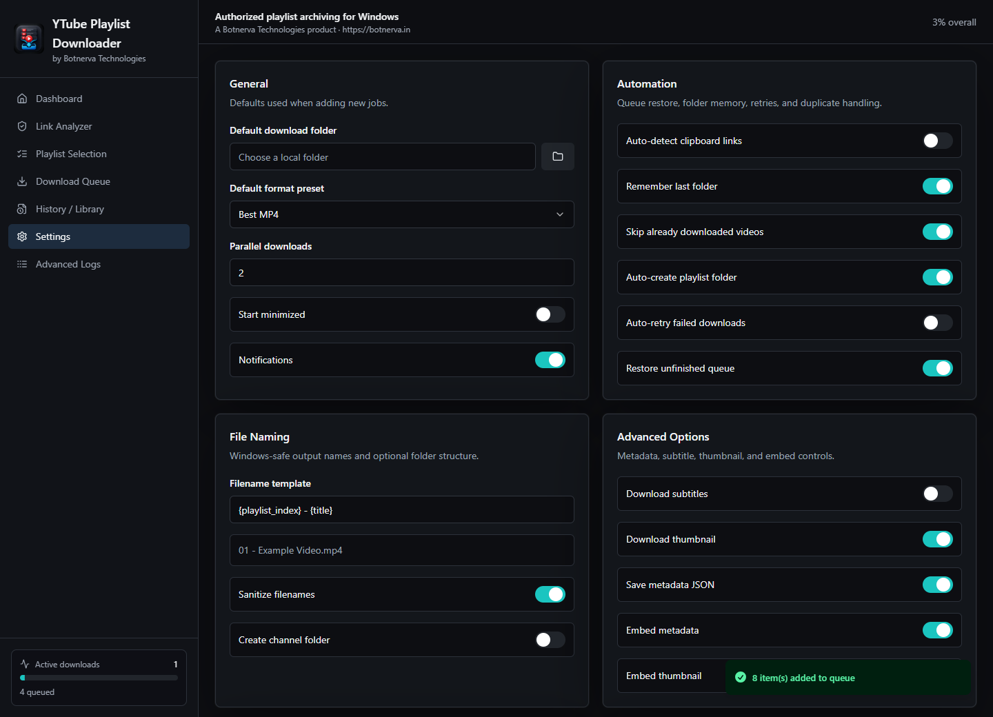 Settings screen showing local folder, automation, file naming, and advanced options.